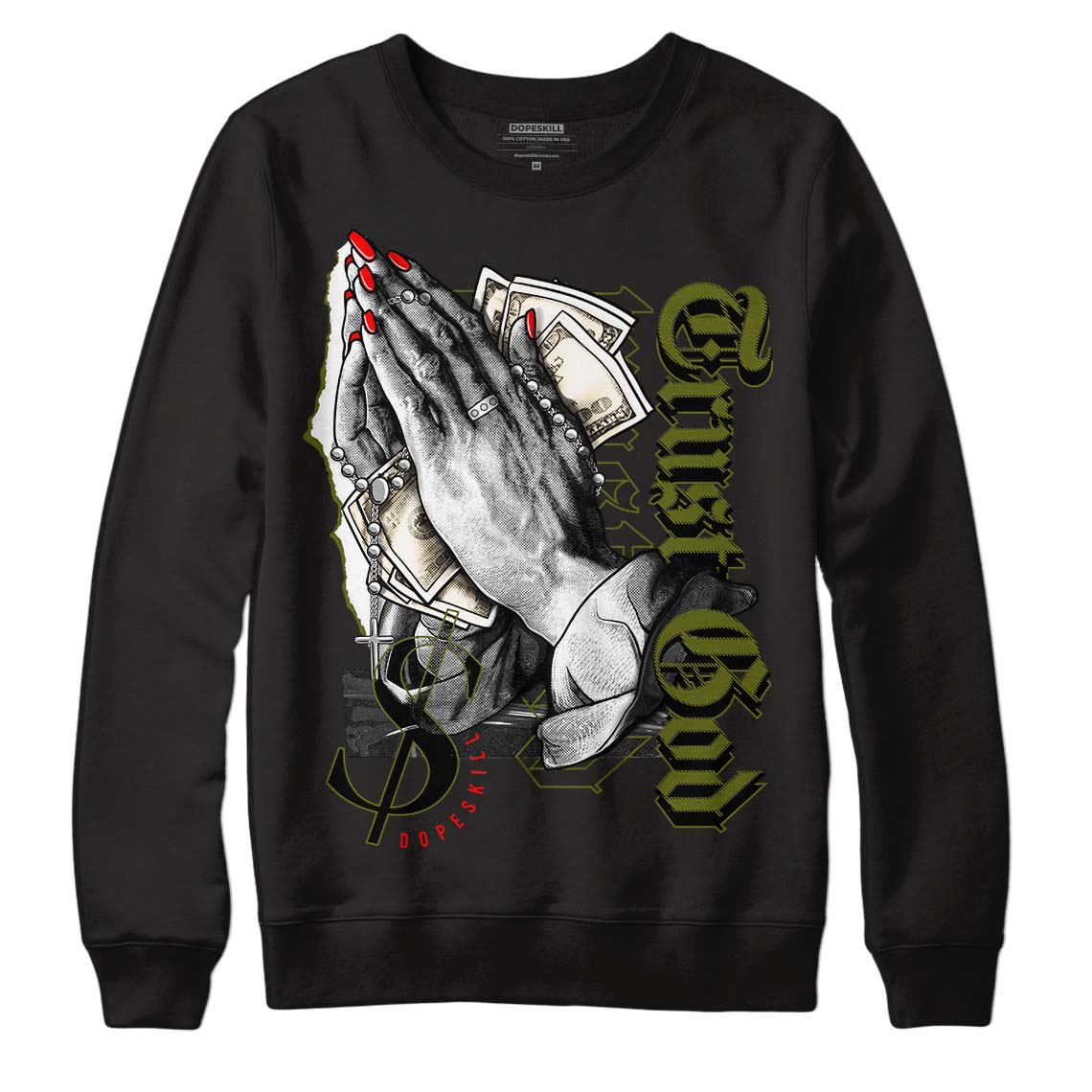 Travis Scott x Jordan 1 Low OG “Olive” DopeSkill Sweatshirt Trust God Graphic Streetwear - Black