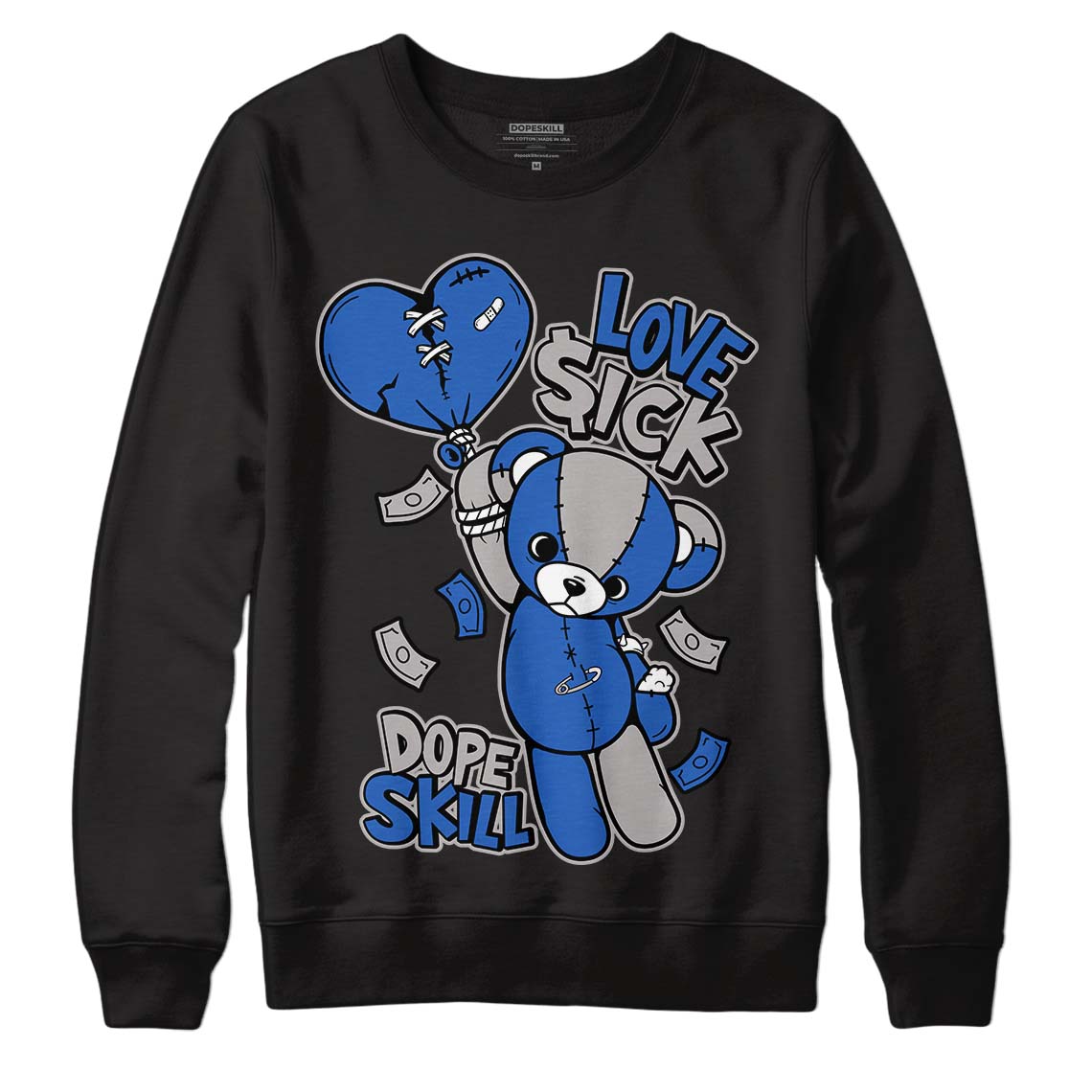 True Blue 1s DopeSkill Sweatshirt Love Sick Graphic - Black