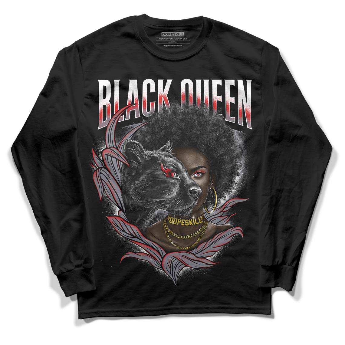 Fire Red 9s DopeSkill Long Sleeve T-Shirt New Black Queen Graphic - Black 