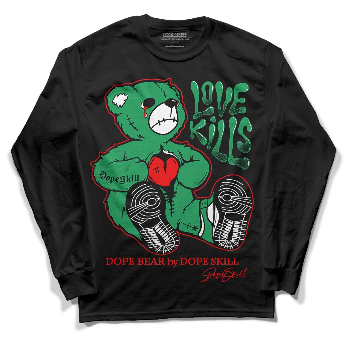 Jordan 1 Low Lucky Green DopeSkill Long Sleeve T-Shirt Love Kills Graphic Streetwear - Black