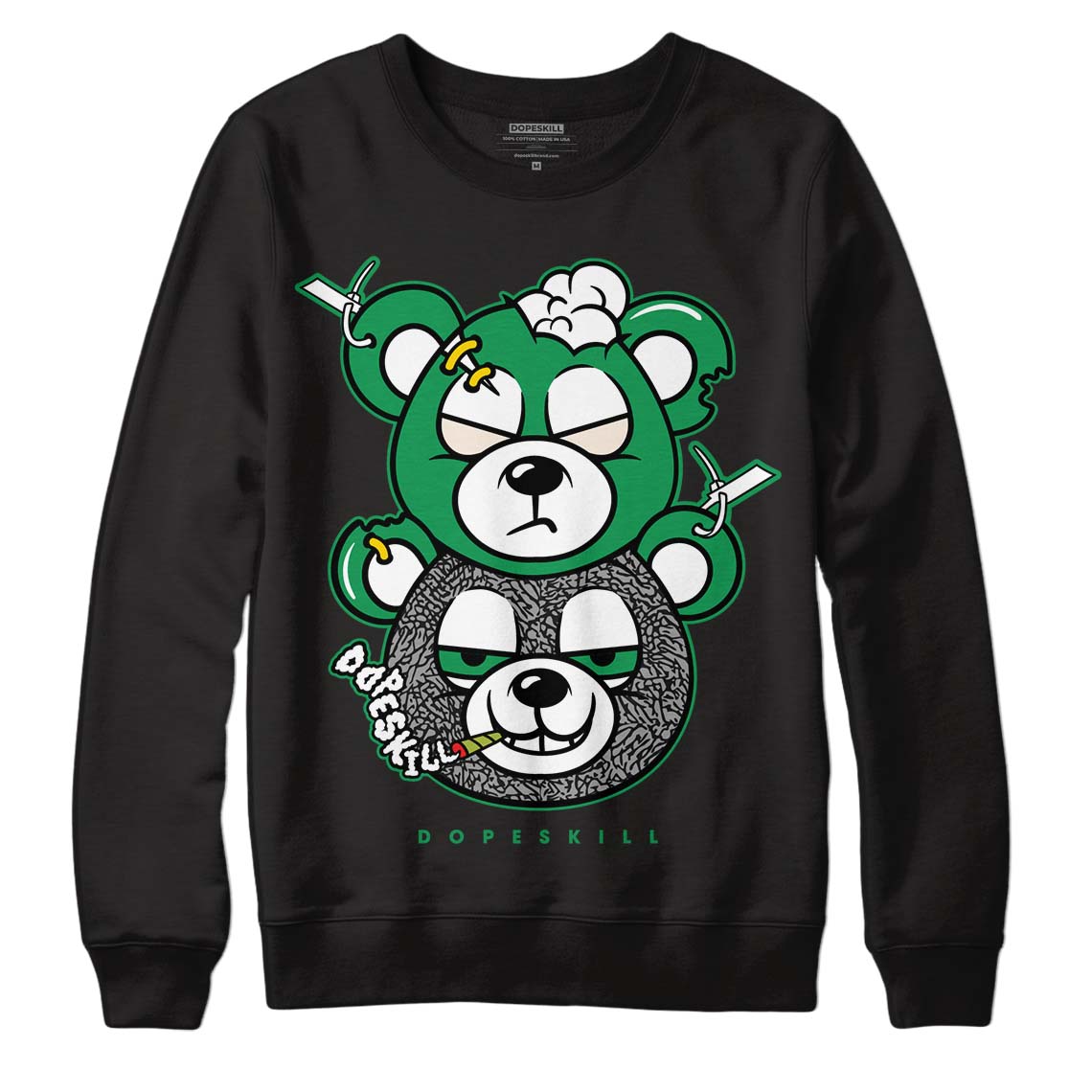 Jordan 3 WMNS “Lucky Green” DopeSkill Sweatshirt New Double Bear Graphic Streetwear - Black