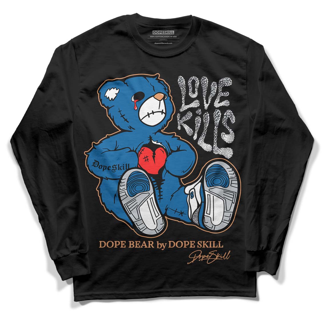 Jordan 3 Retro Wizards DopeSkill Long Sleeve T-Shirt Love Kills Graphic Streetwear - Black