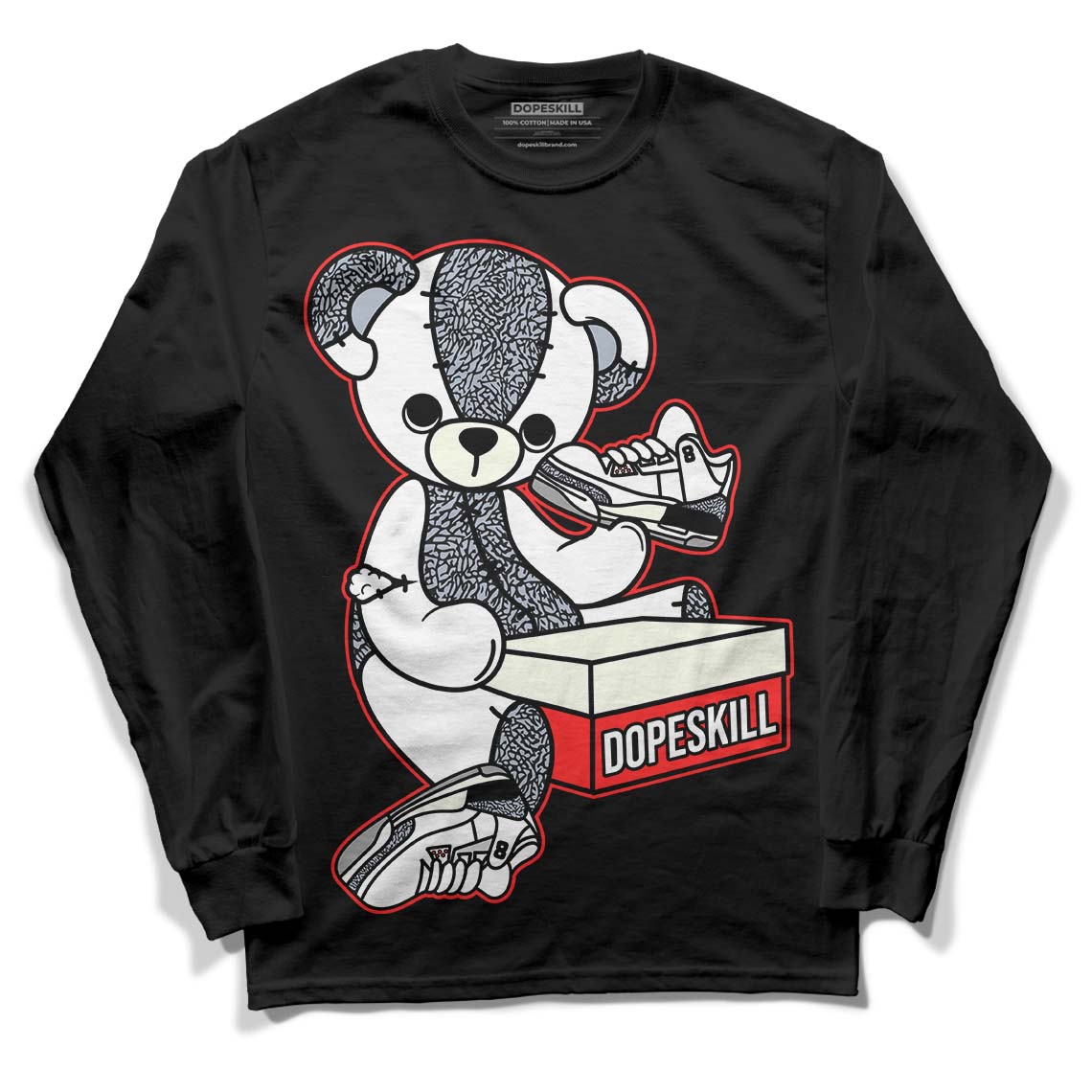 Jordan 3 Retro White Cement Reimagined DopeSkill Long Sleeve T-Shirt Sneakerhead BEAR Graphic Streetwear - Black