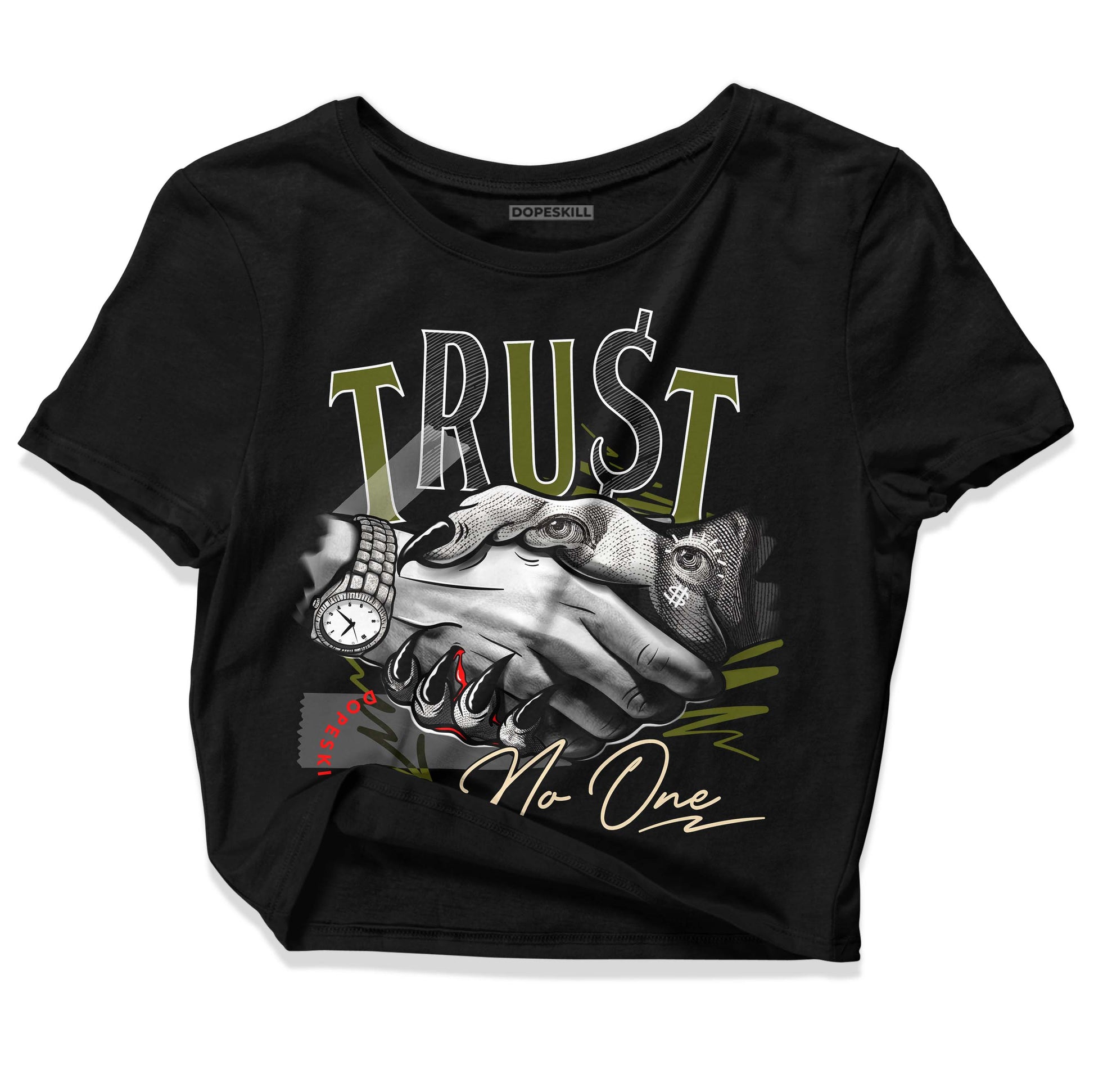 Travis Scott x Jordan 1 Low OG “Olive” DopeSkill Women's Crop Top Trust No One Graphic Streetwear - Black