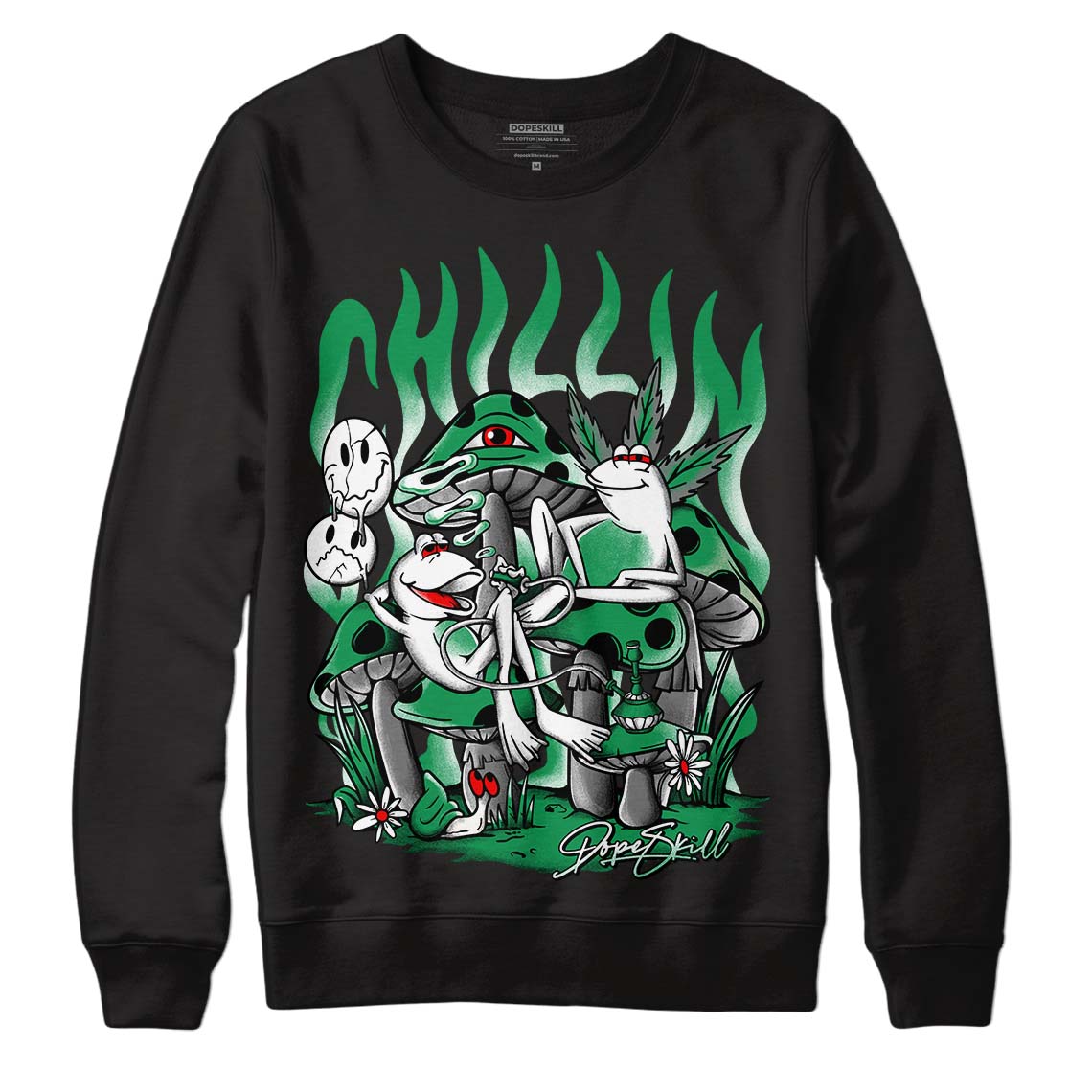 Jordan 1 Low Lucky Green DopeSkill Sweatshirt Chillin Graphic Streetwear - Black