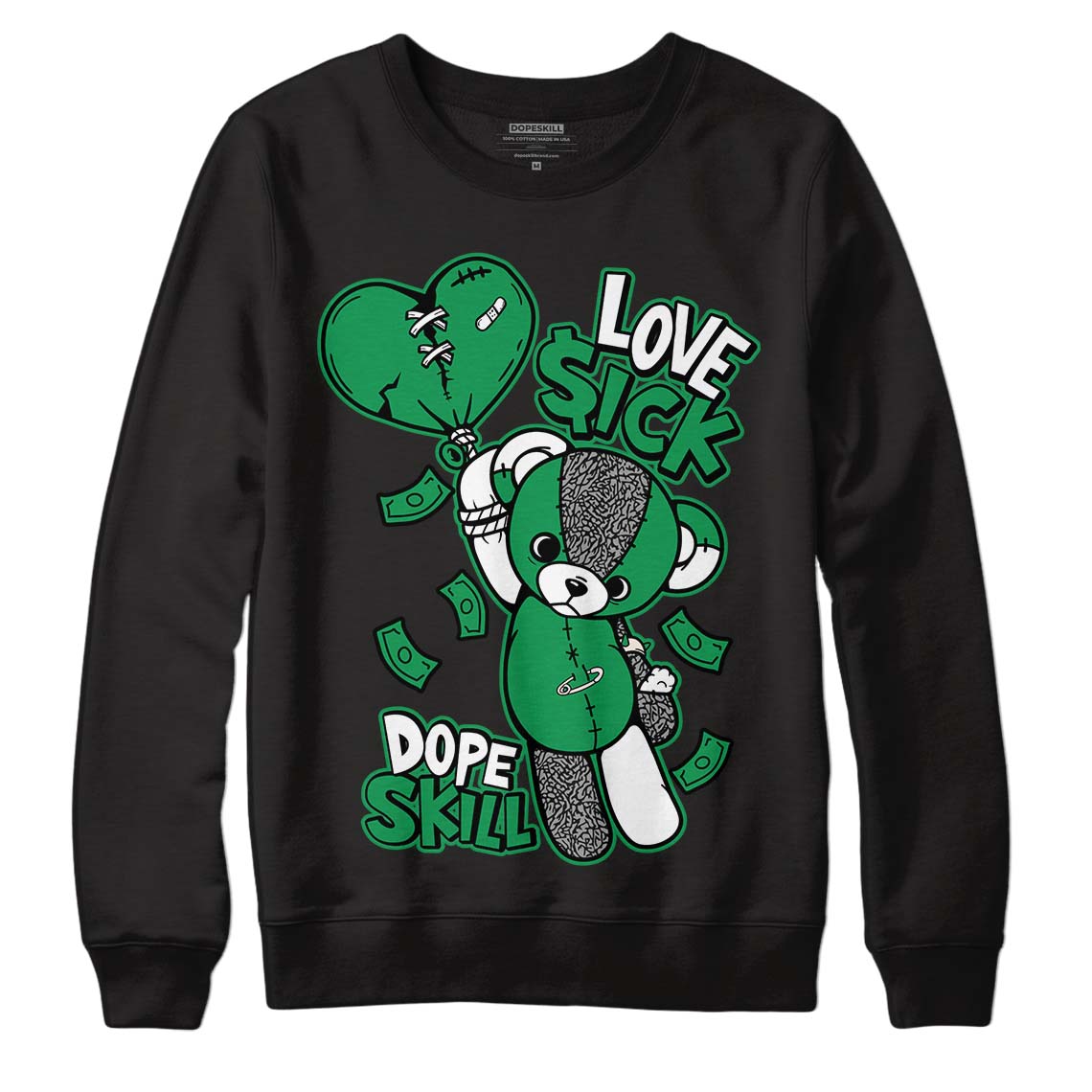 Jordan 3 WMNS “Lucky Green” DopeSkill Sweatshirt Love Sick Graphic Streetwear - Black