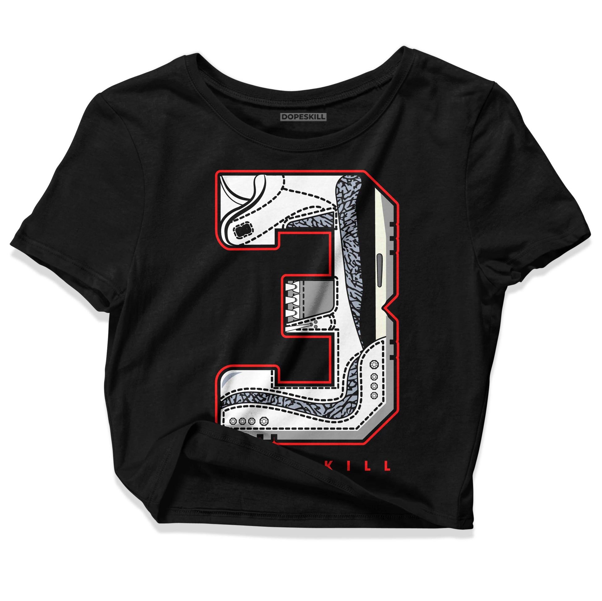 Jordan 3 Retro White Cement Reimagined DopeSkill Women's Crop Top No.3 Graphic Streetwear - Black