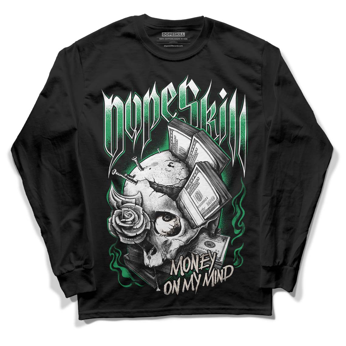 Jordan 2 Retro Lucky Green DopeSkill Long Sleeve T-Shirt Money On My Mind Graphic Streetwear  - Black