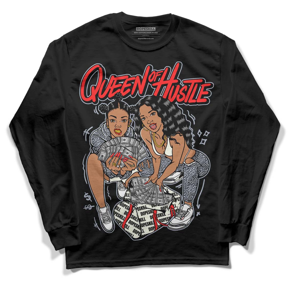 Jordan 3 Retro White Cement Reimagined DopeSkill Long Sleeve T-Shirt Queen Of Hustle Graphic Streetwear - Black