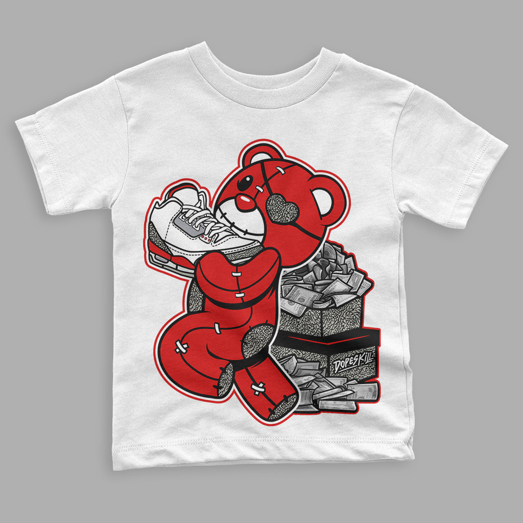 Fire Red 3s DopeSkill Toddler Kids T-shirt Bear Steals Sneaker Graphic - White 