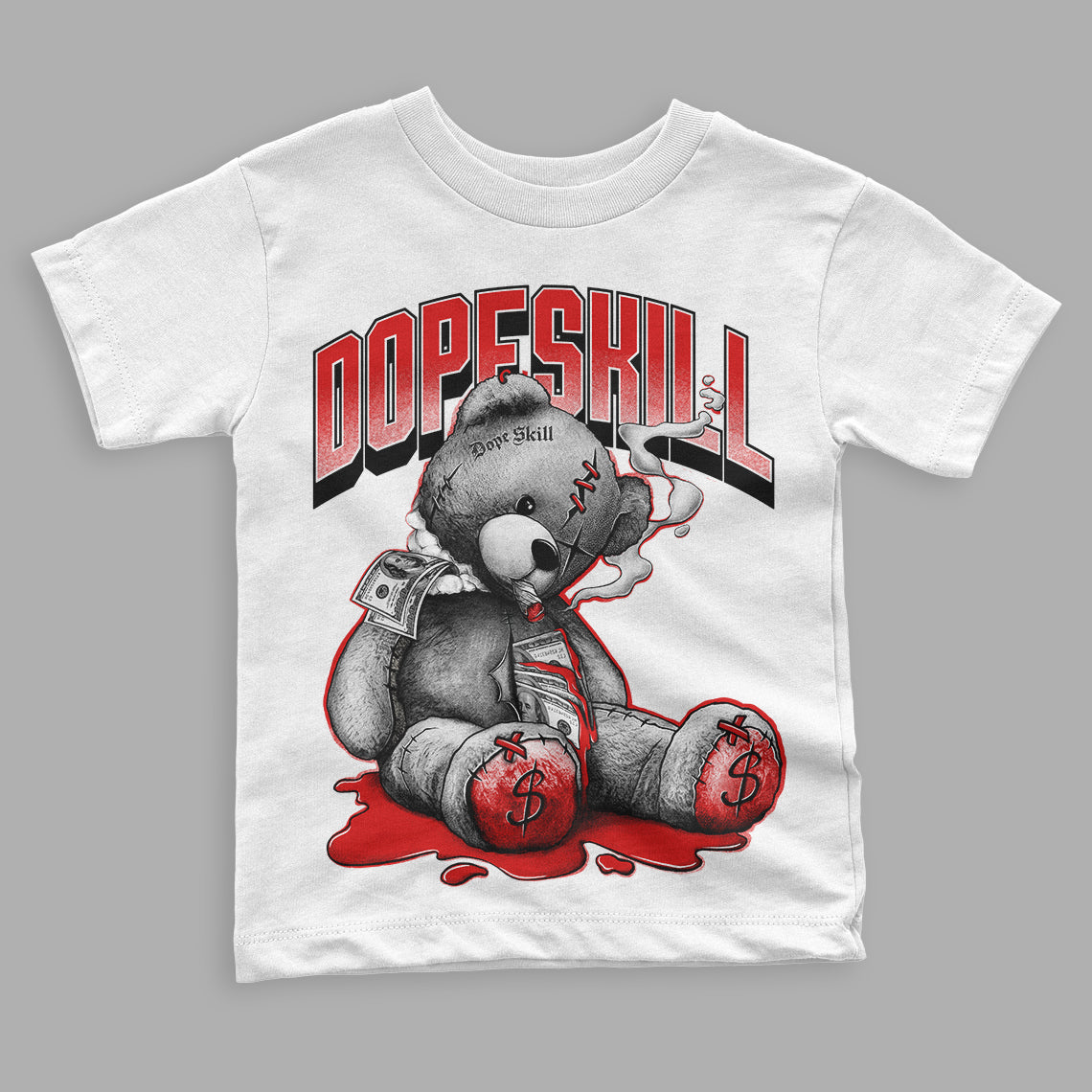 Fire Red 3s DopeSkill Toddler Kids T-shirt Sick Bear Graphic - White 