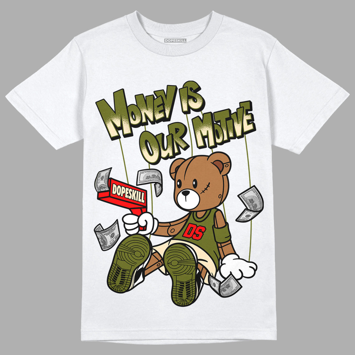 Travis Scott x Jordan 1 Low OG “Olive” DopeSkill T-Shirt Money Is Our Motive Bear Graphic Streetwear - White