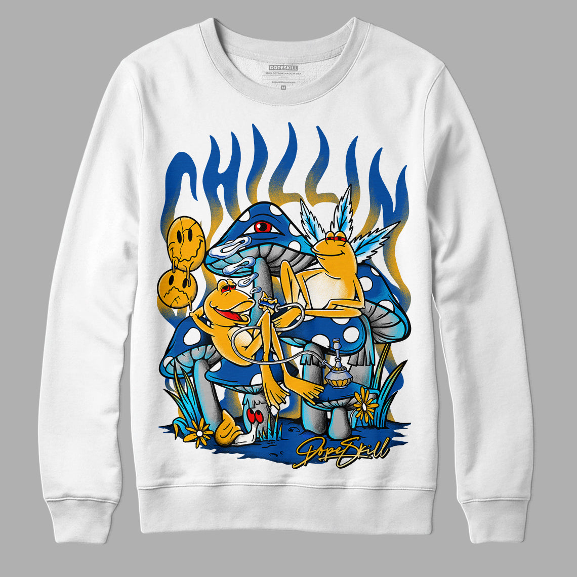 Dunk Blue Jay and University Gold DopeSkill Sweatshirt Chillin Graphic Streetwear - White