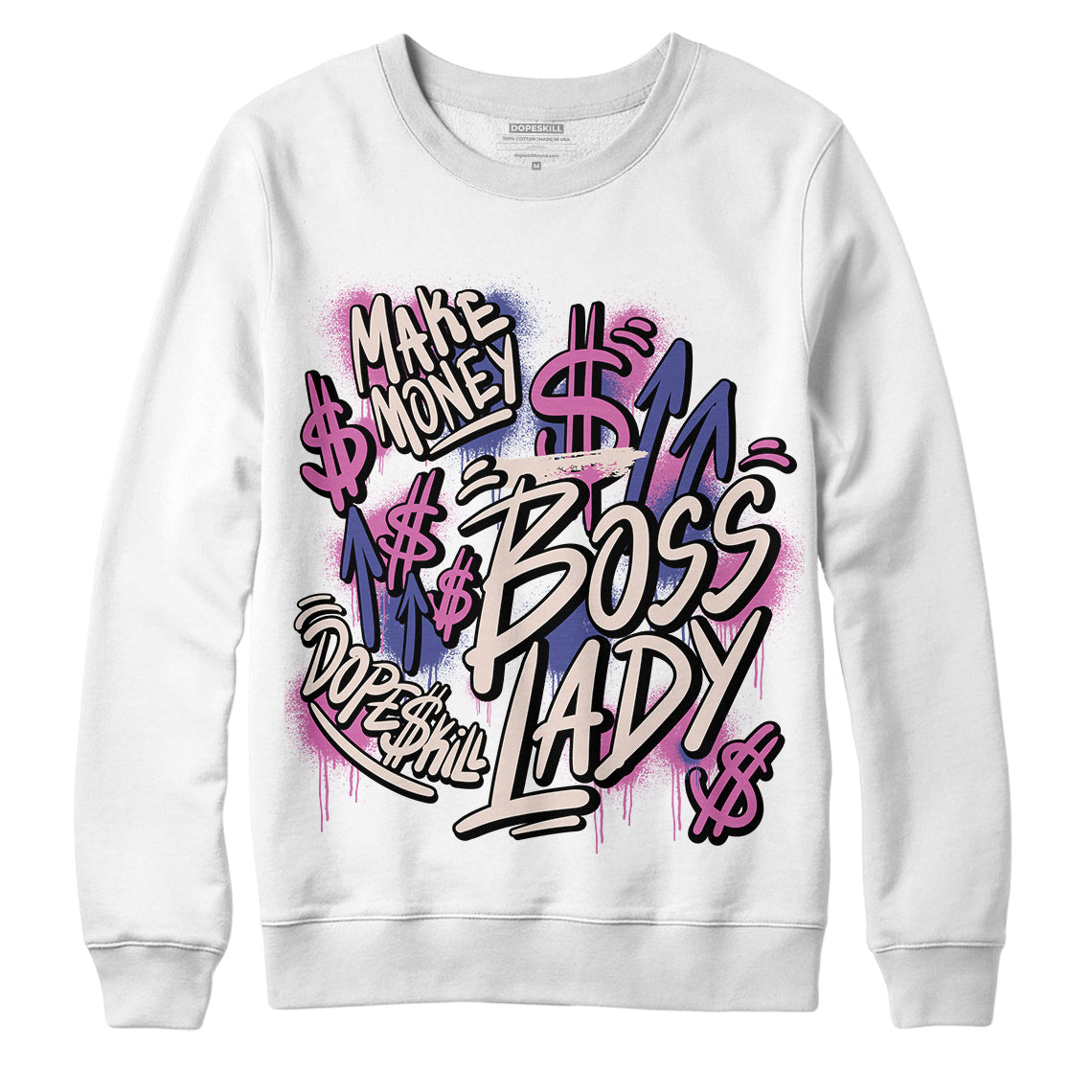 Jordan 7 SE Sapphire DopeSkill Sweatshirt Boss lady Graphic - White 