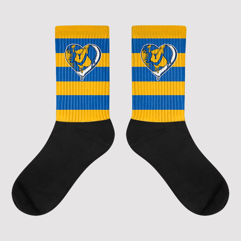 Dunk Blue Jay and University Gold Sublimated Socks Horizontal Stripes Graphic Streetwear