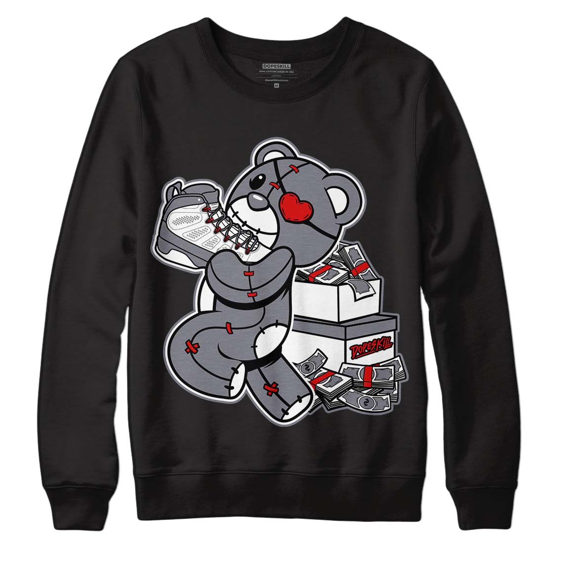 Fire Red 9s DopeSkill Sweatshirt Bear Steals Sneaker Graphic - Black 