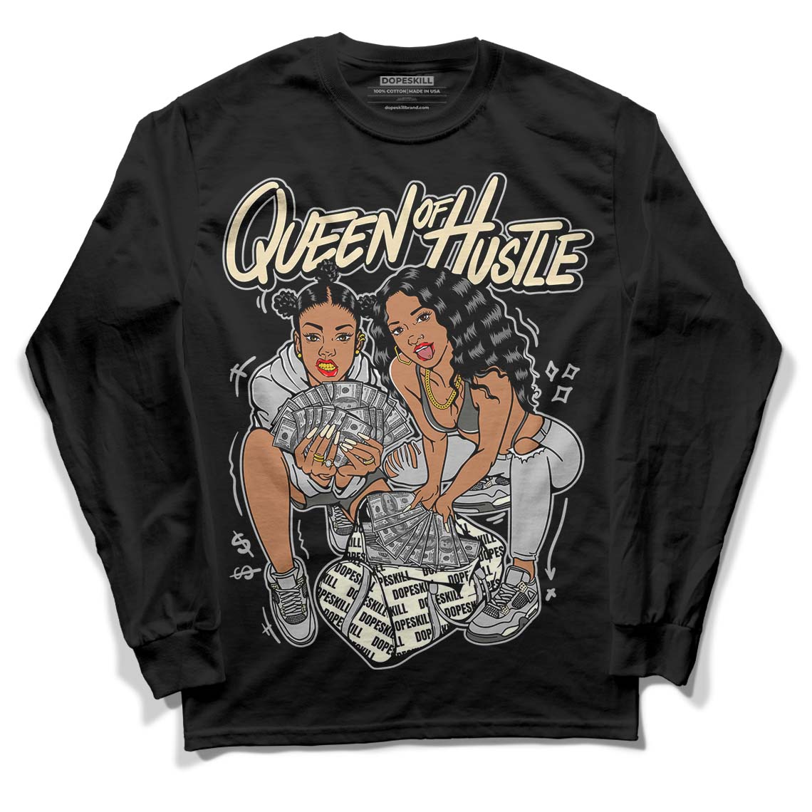 Jordan 4 Retro SE Craft Photon Dust DopeSkill Long Sleeve T-Shirt Queen Of Hustle Graphic Streetwear  - Black 