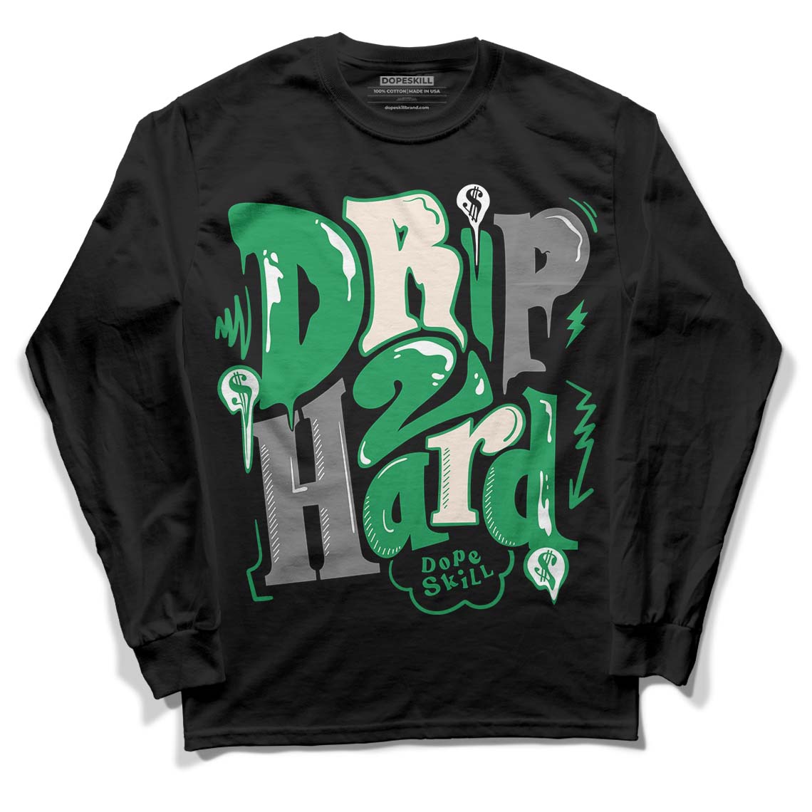 Jordan 2 Retro Lucky Green DopeSkill Long Sleeve T-Shirt Drip Too Hard Graphic Streetwear  - Black 