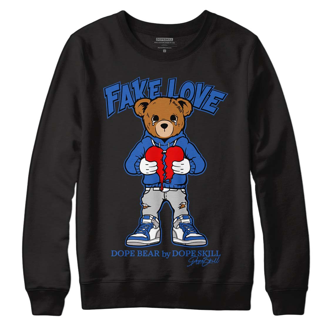 True Blue 1s DopeSkill Sweatshirt Fake Love Graphic - Black