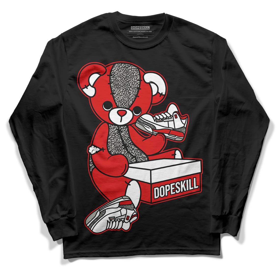 Fire Red 3s DopeSkill Long Sleeve T-Shirt Sneakerhead BEAR Graphic - Black