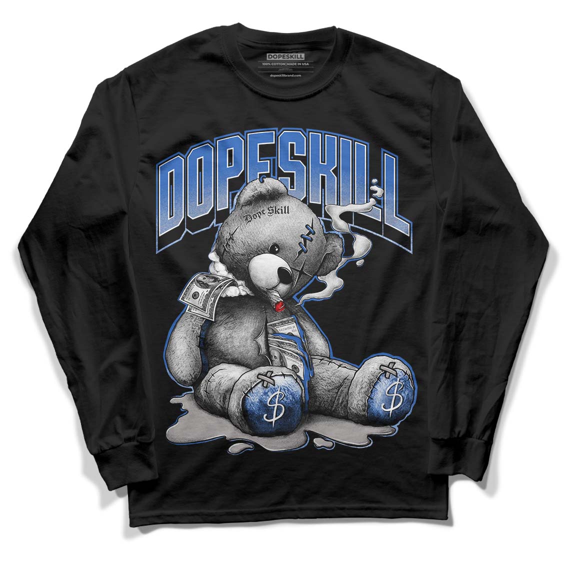 True Blue 1s DopeSkill Long Sleeve T-Shirt Sick Bear Graphic - Black