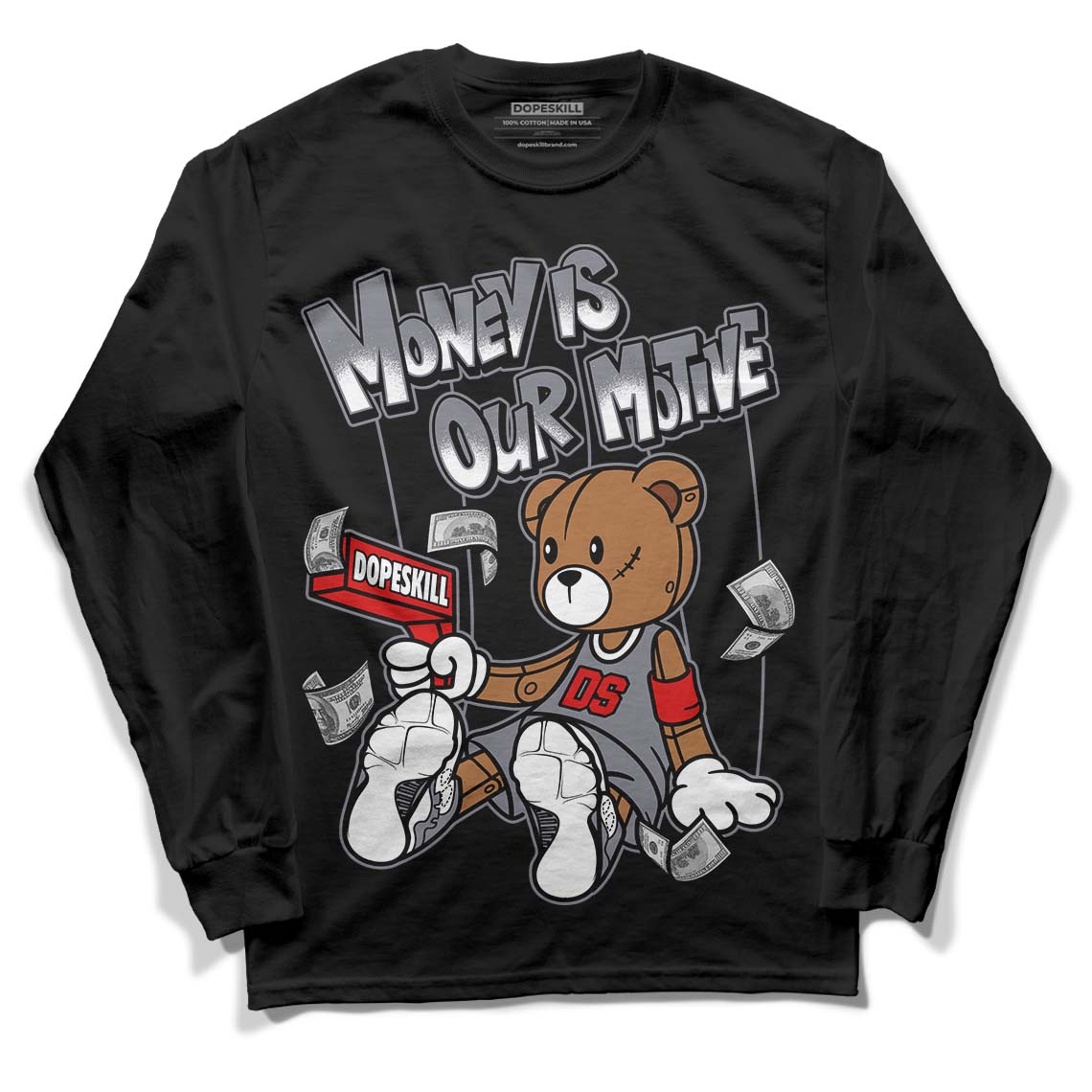 Fire Red 9s DopeSkill Long Sleeve T-Shirt Money Is Our Motive Bear Graphic - Black 