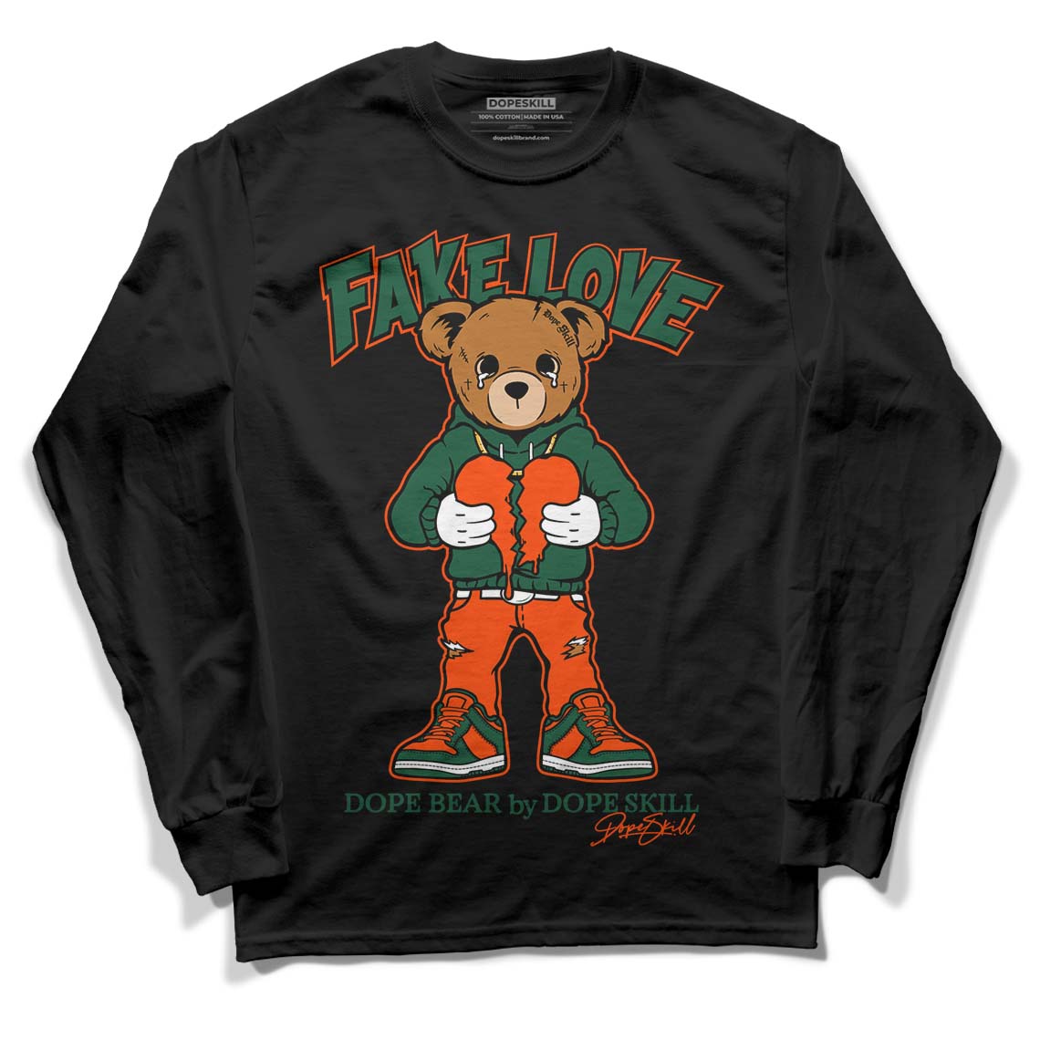 Dunk Low Team Dark Green Orange DopeSkill Long Sleeve T-Shirt Fake Love Graphic - Black