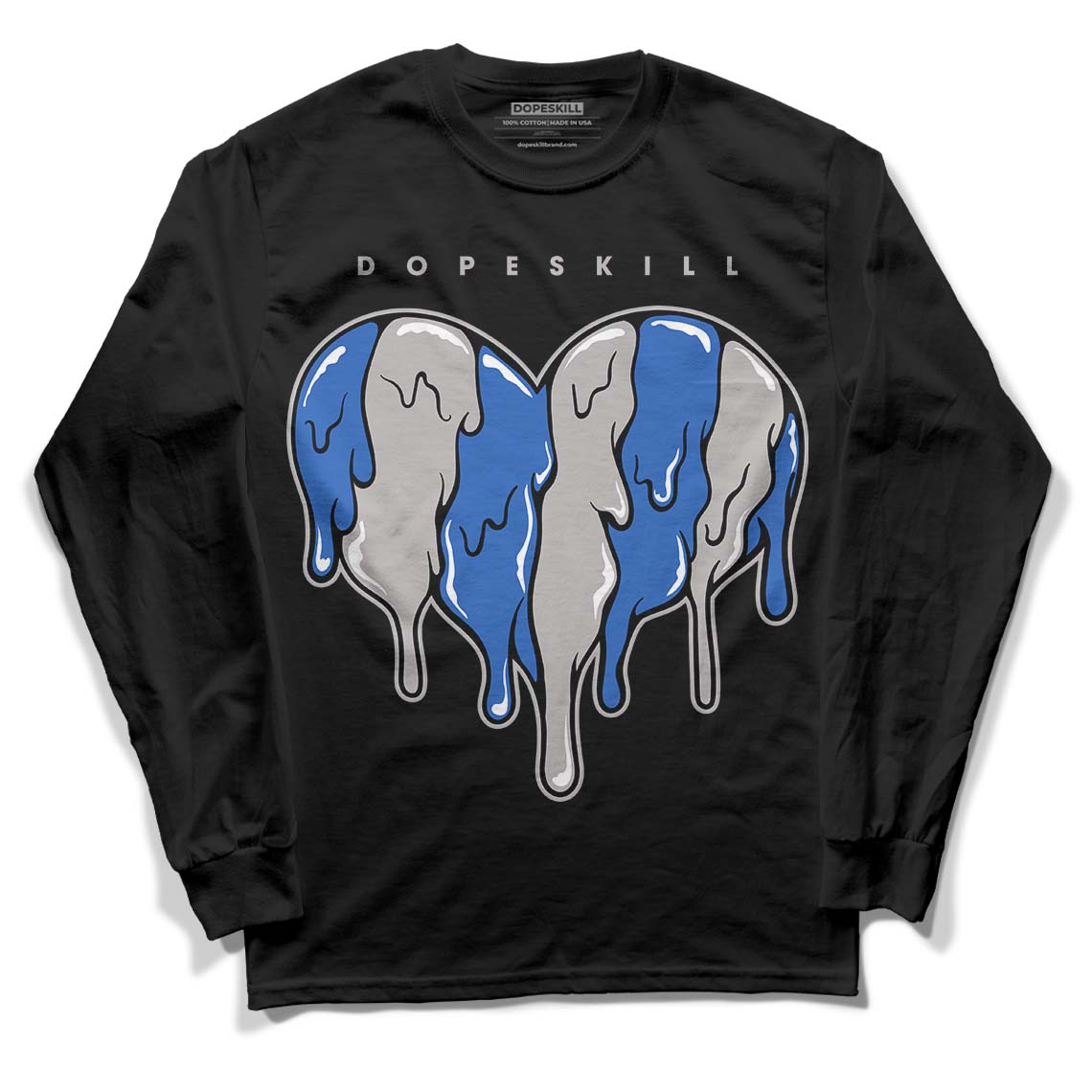 True Blue 1s DopeSkill Long Sleeve T-Shirt Slime Drip Heart Graphic - Black