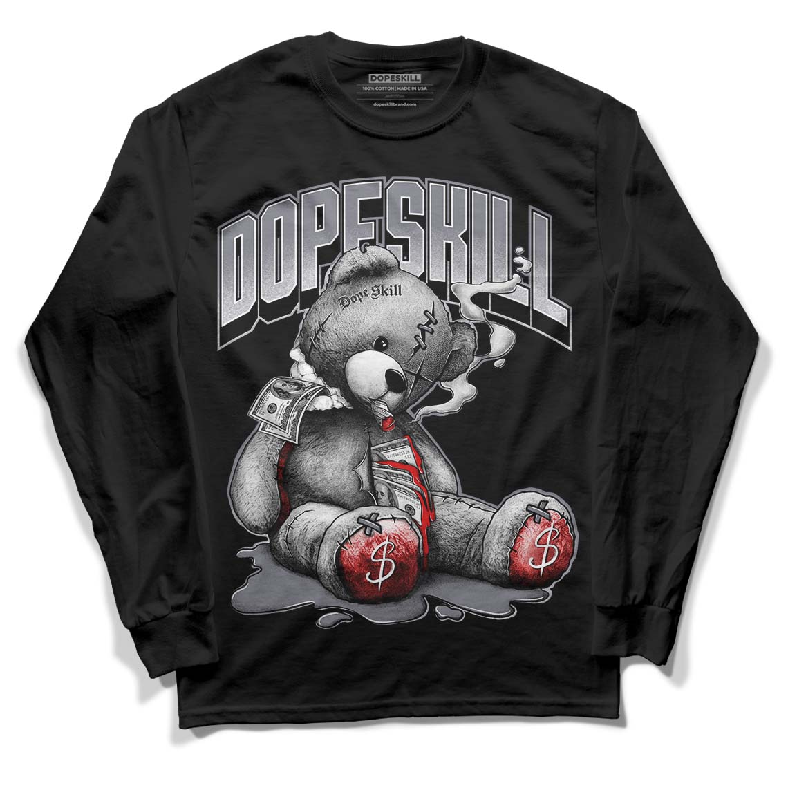 Fire Red 9s DopeSkill Long Sleeve T-Shirt Sick Bear Graphic - Black 