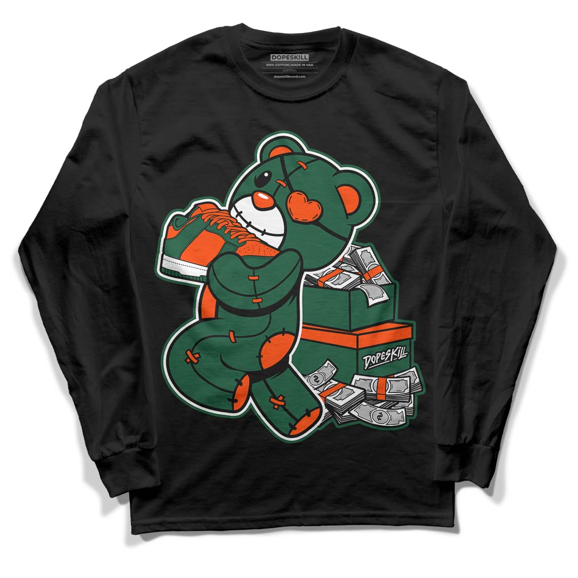 Dunk Low Team Dark Green Orange DopeSkill Long Sleeve T-Shirt Bear Steals Sneaker Graphic - Black