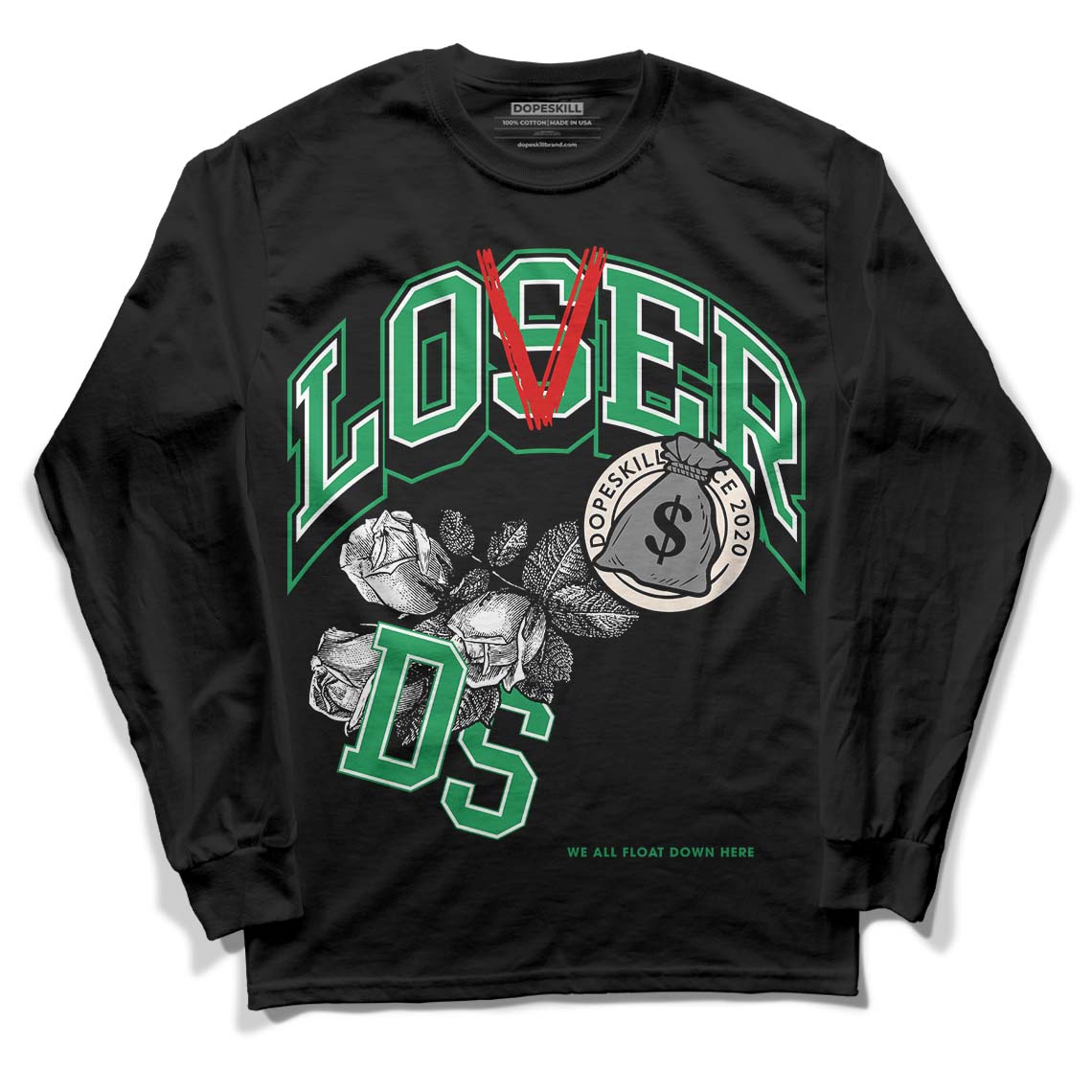 Jordan 2 Retro Lucky Green DopeSkill Long Sleeve T-Shirt Loser Lover Graphic Streetwear  - Black