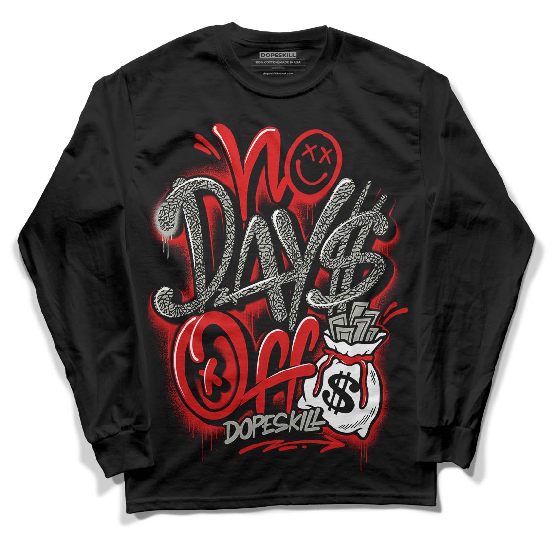 Fire Red 3s DopeSkill Long Sleeve T-Shirt No Days Off Graphic - Black 