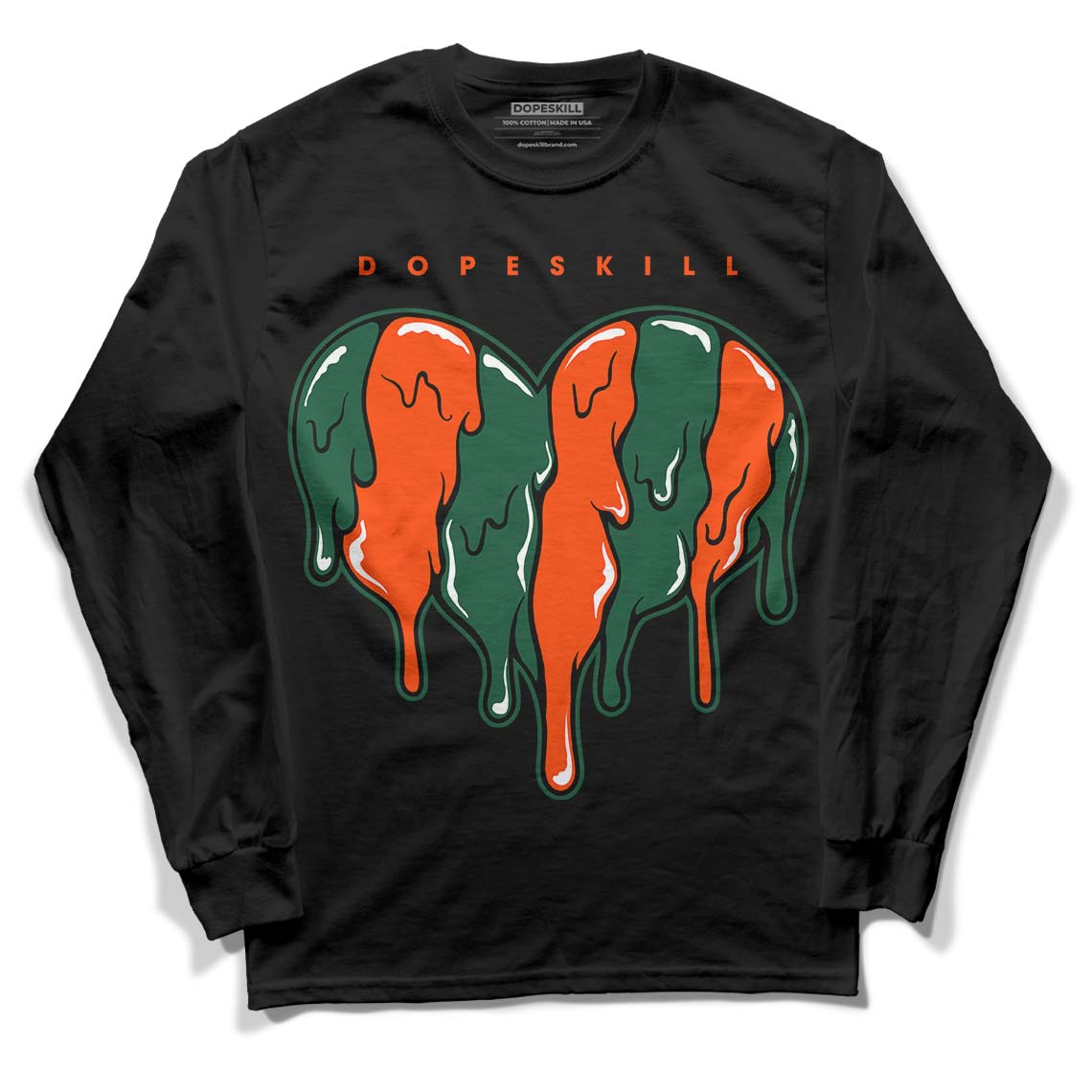 Dunk Low Team Dark Green Orange DopeSkill Long Sleeve T-Shirt Slime Drip Heart Graphic - Black