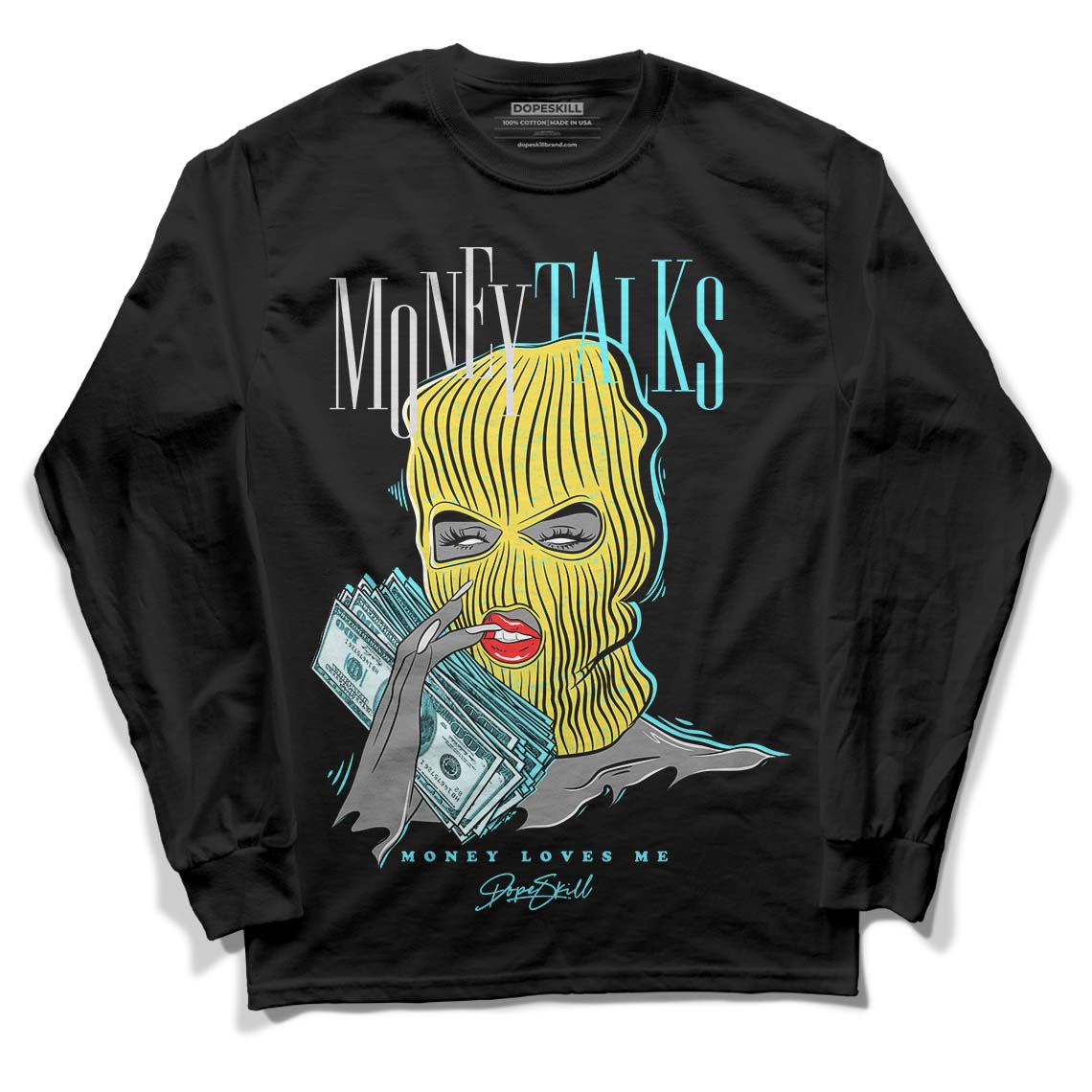 Aqua 5s DopeSkill Long Sleeve T-Shirt Money Talks Graphic - Black 