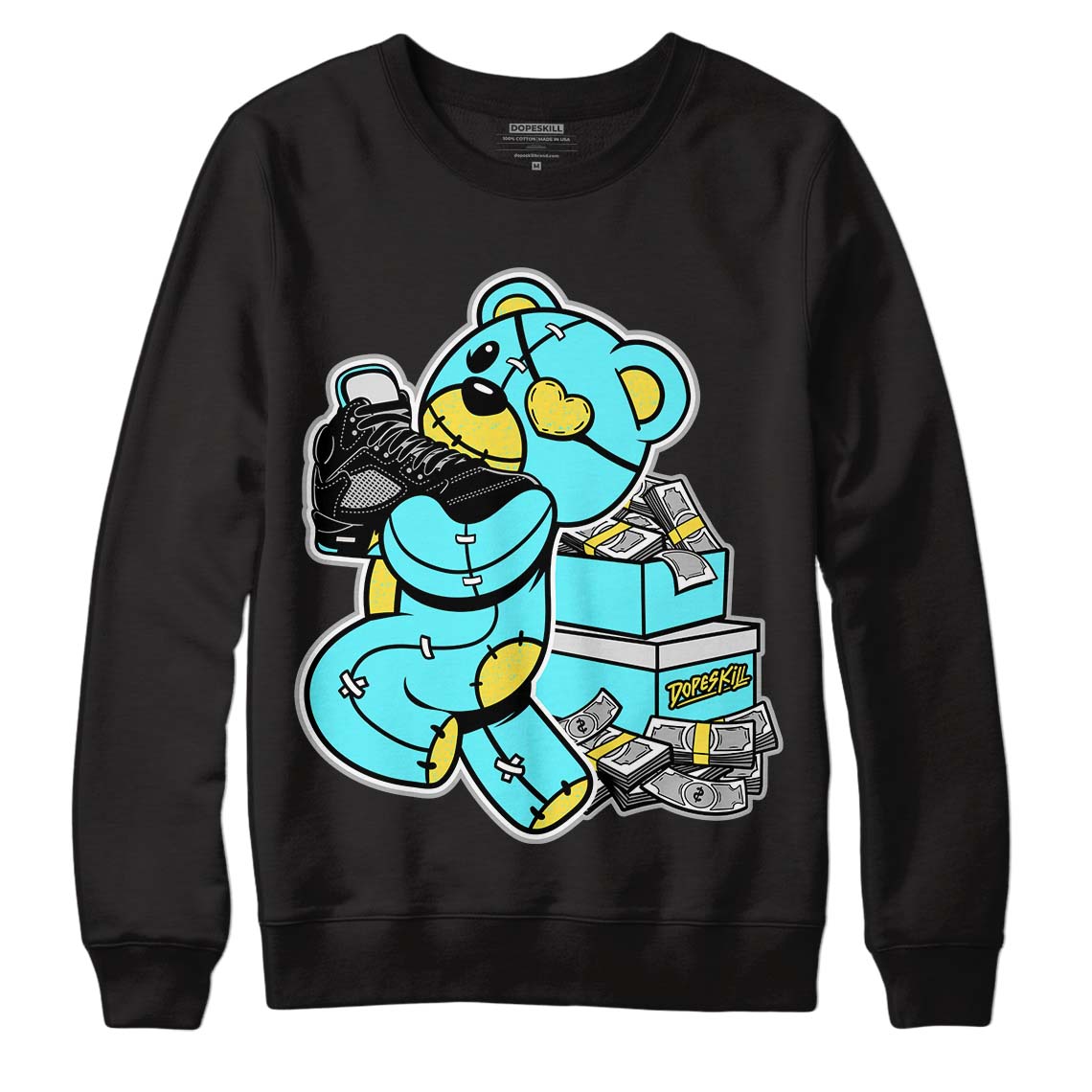 Aqua 5s DopeSkill Sweatshirt Bear Steals Sneaker Graphic - Black 