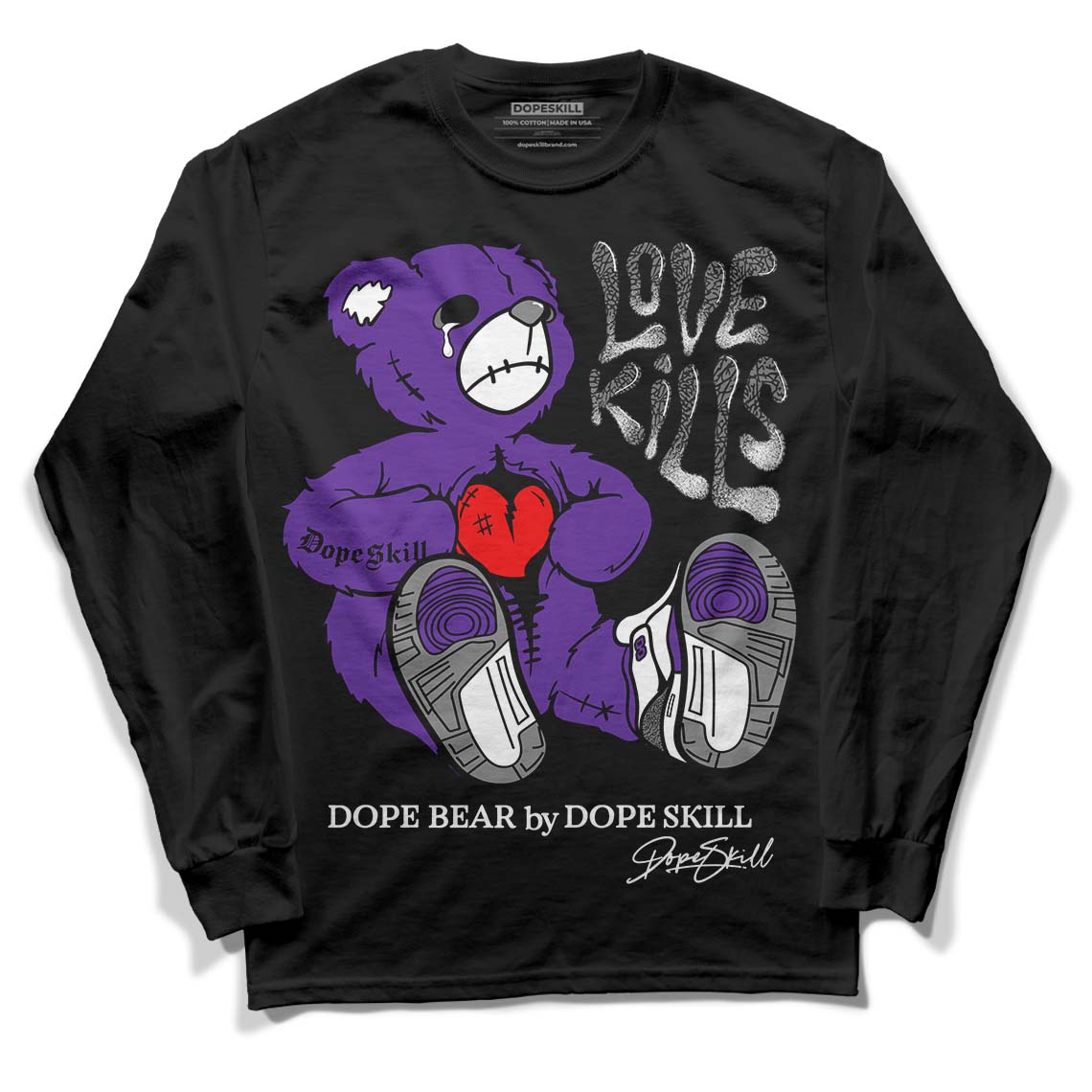 Dark Iris 3s DopeSkill Long Sleeve T-Shirt Love Kills Graphic - Black