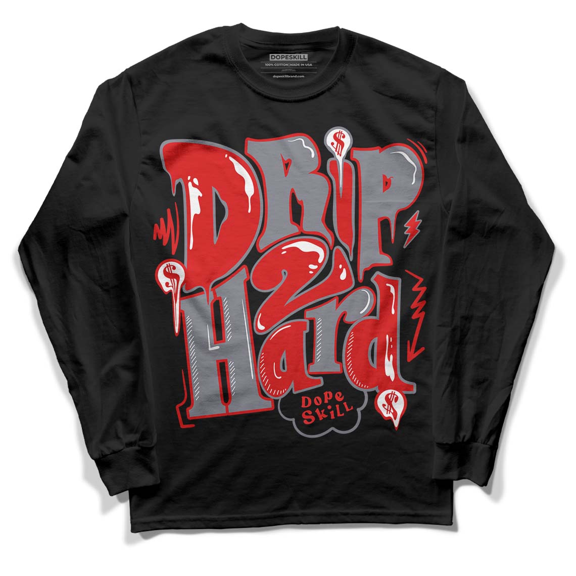 Gym Red 9s DopeSkill Long Sleeve T-Shirt Drip Too Hard Graphic - Black