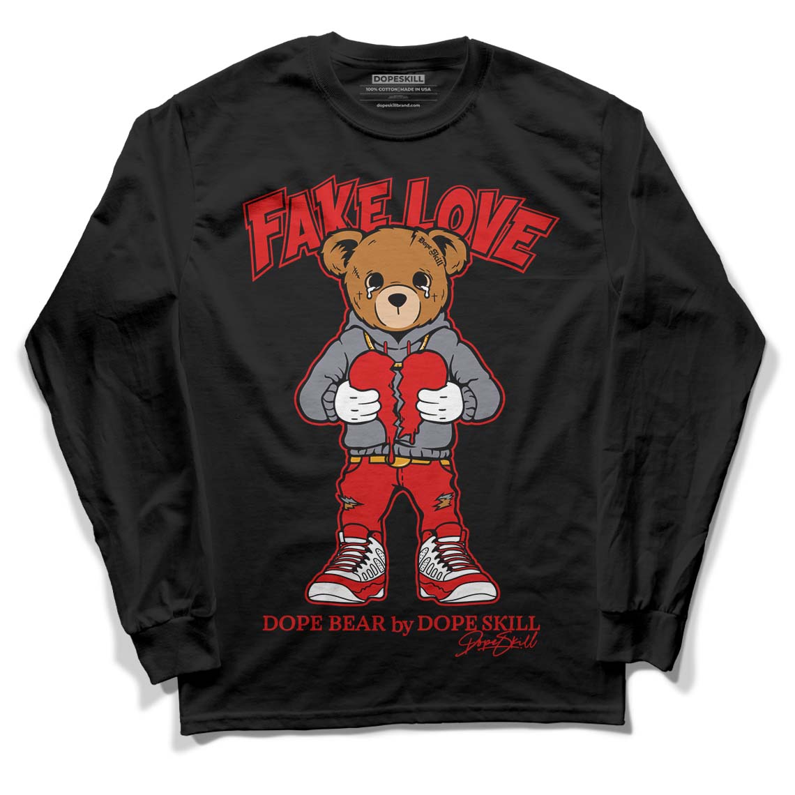 Gym Red 9s DopeSkill Long Sleeve T-Shirt Fake Love Graphic - Black