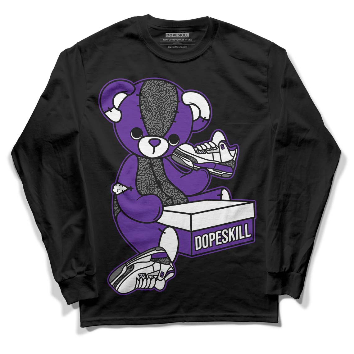 Dark Iris 3s DopeSkill Long Sleeve T-Shirt Sneakerhead BEAR Graphic - Black 