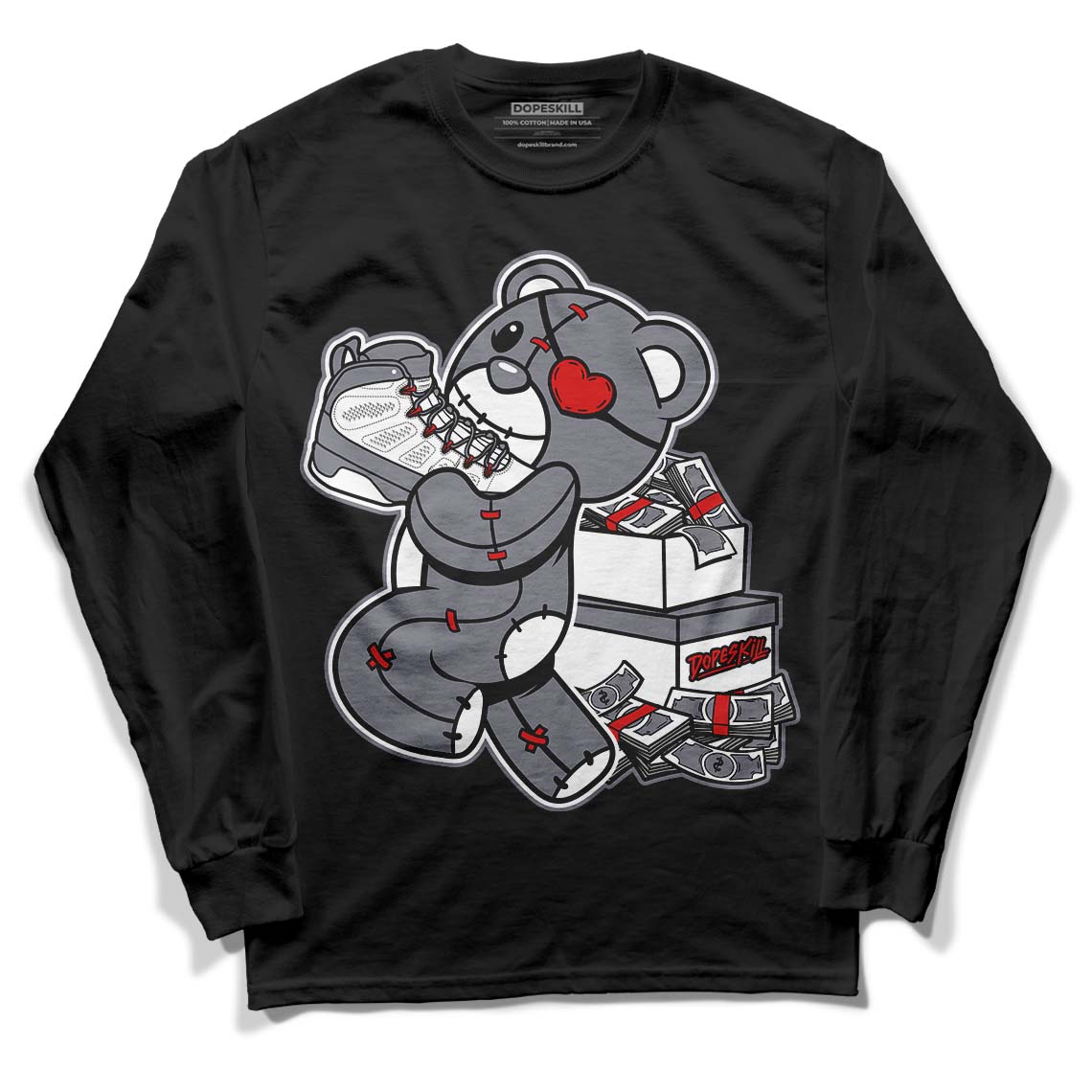 Fire Red 9s DopeSkill Long Sleeve T-Shirt Bear Steals Sneaker Graphic - Black 