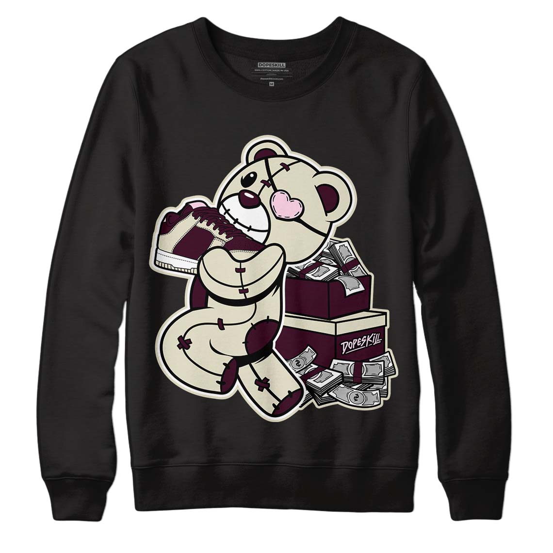 Dunk Low Night Maroon and Medium Soft Pink DopeSkill Sweatshirt Bear Steals Sneaker Graphic Streetwear - Black 