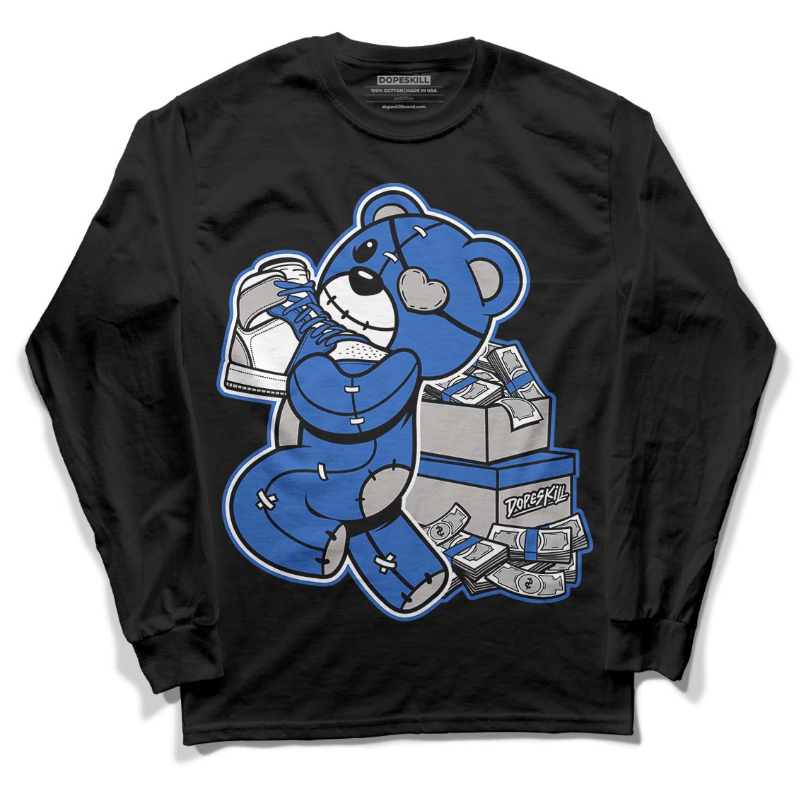 True Blue 1s DopeSkill Long Sleeve T-Shirt Bear Steals Sneaker Graphic - Black