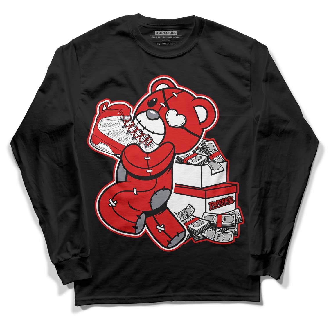 Gym Red 9s DopeSkill Long Sleeve T-Shirt Bear Steals Sneaker Graphic - Black