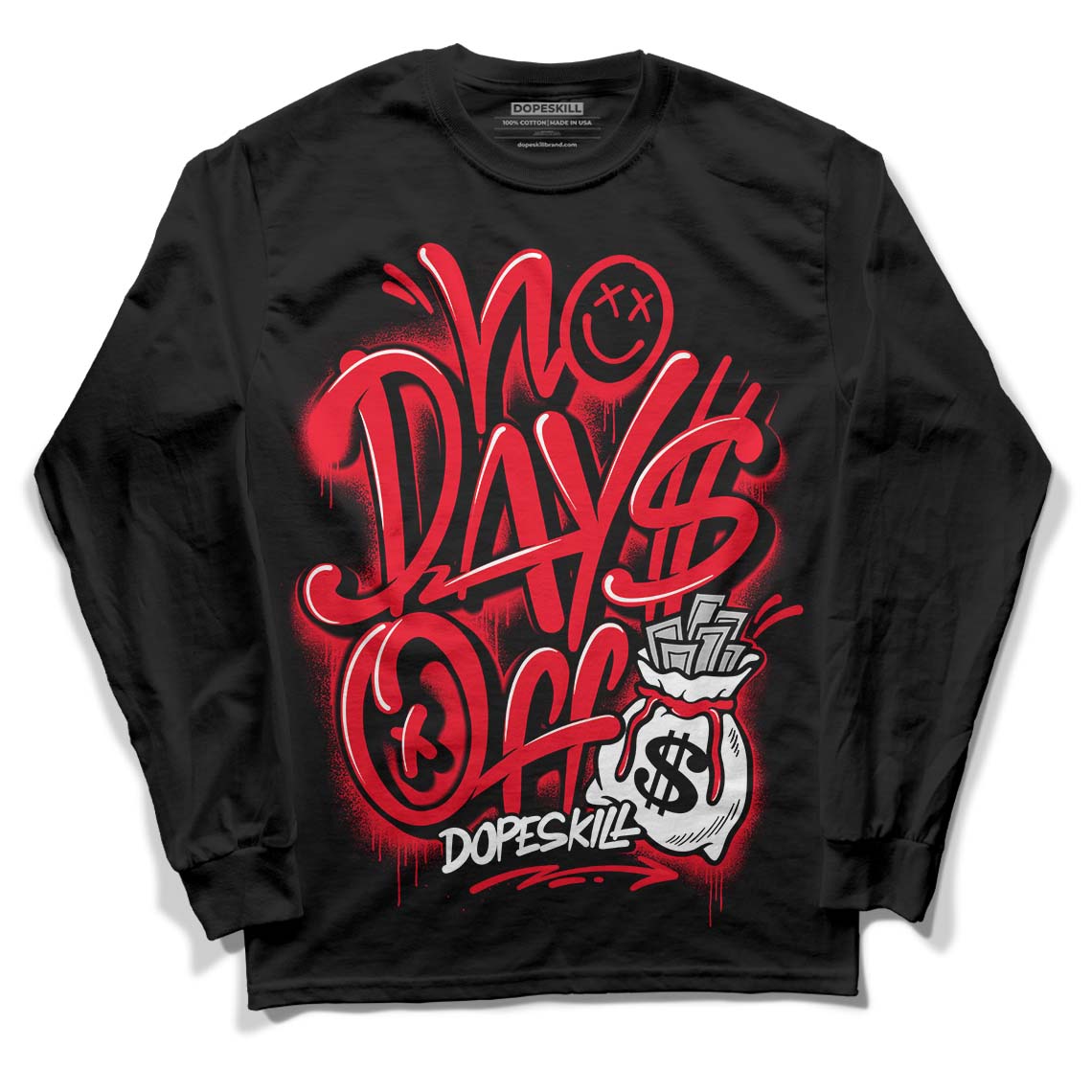 Red Thunder 4s DopeSkill Long Sleeve T-Shirt No Days Off Graphic - Black 