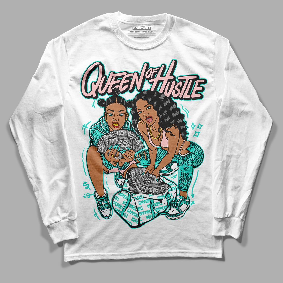 Green Snakeskin Dunk Low DopeSkill Long Sleeve T-Shirt Queen Of Hustle Graphic - White