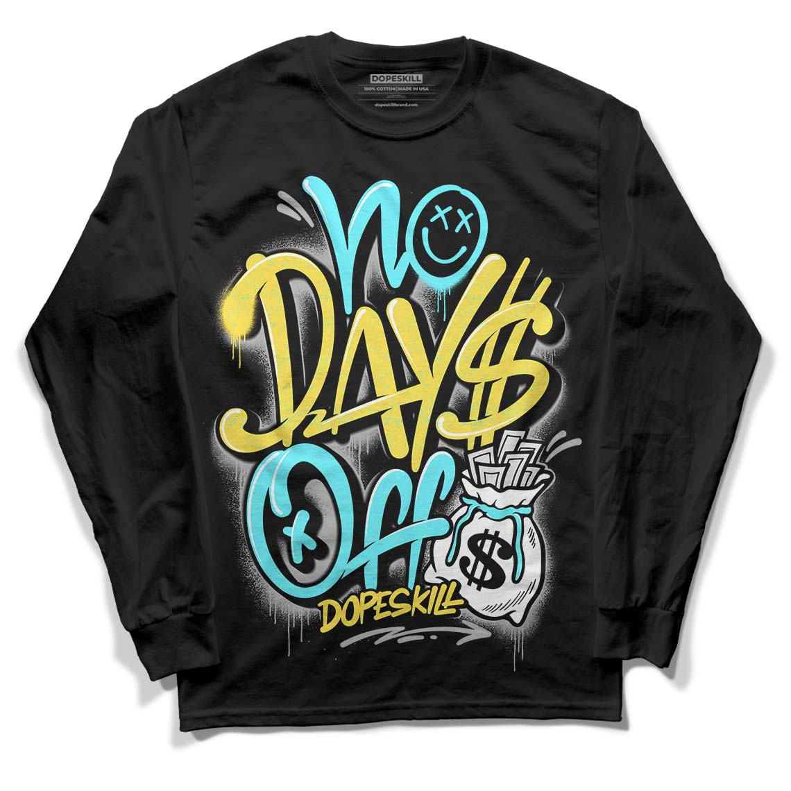 Aqua 5s DopeSkill Long Sleeve T-Shirt No Days Off Graphic - Black 