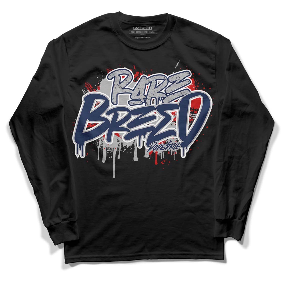 Midnight Navy 4s DopeSkill Long Sleeve T-Shirt Rare Breed Graphic - Black