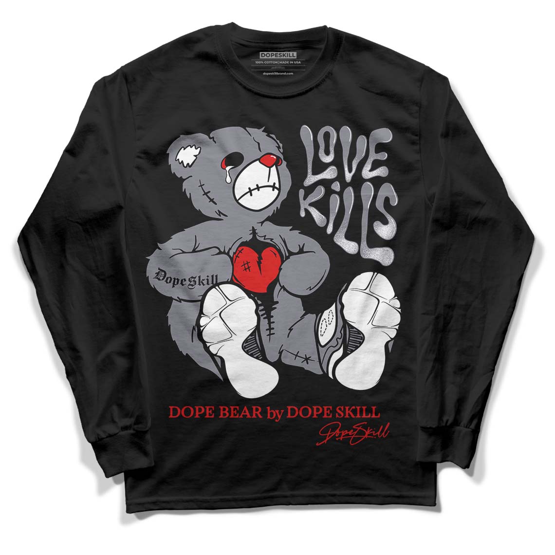 Fire Red 9s DopeSkill Long Sleeve T-Shirt Love Kills Graphic - Black 