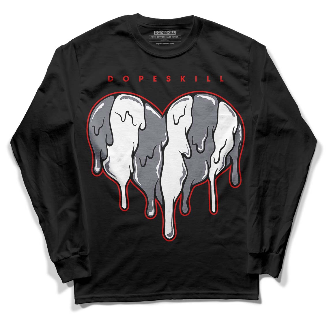 Fire Red 9s DopeSkill Long Sleeve T-Shirt Slime Drip Heart Graphic - Black 