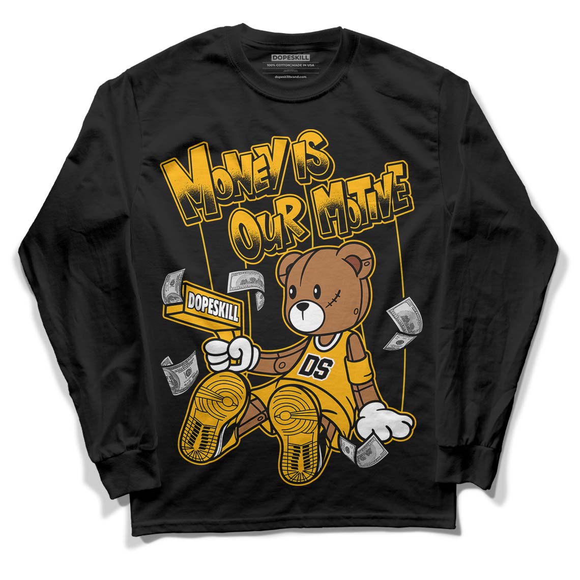 Goldenrod Dunk DopeSkill Long Sleeve T-Shirt Money Is Our Motive Bear Graphic - Black 